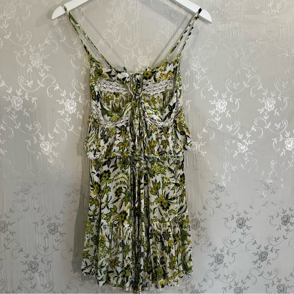 Free People Clemente Yellow Green Babydoll Ruffle Tie Mini Floral Dress SMALL - Picture 8 of 13